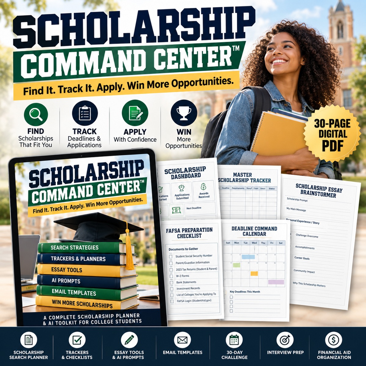 Scholarship Command Center 30-page digital scholarship planner and AI toolkit